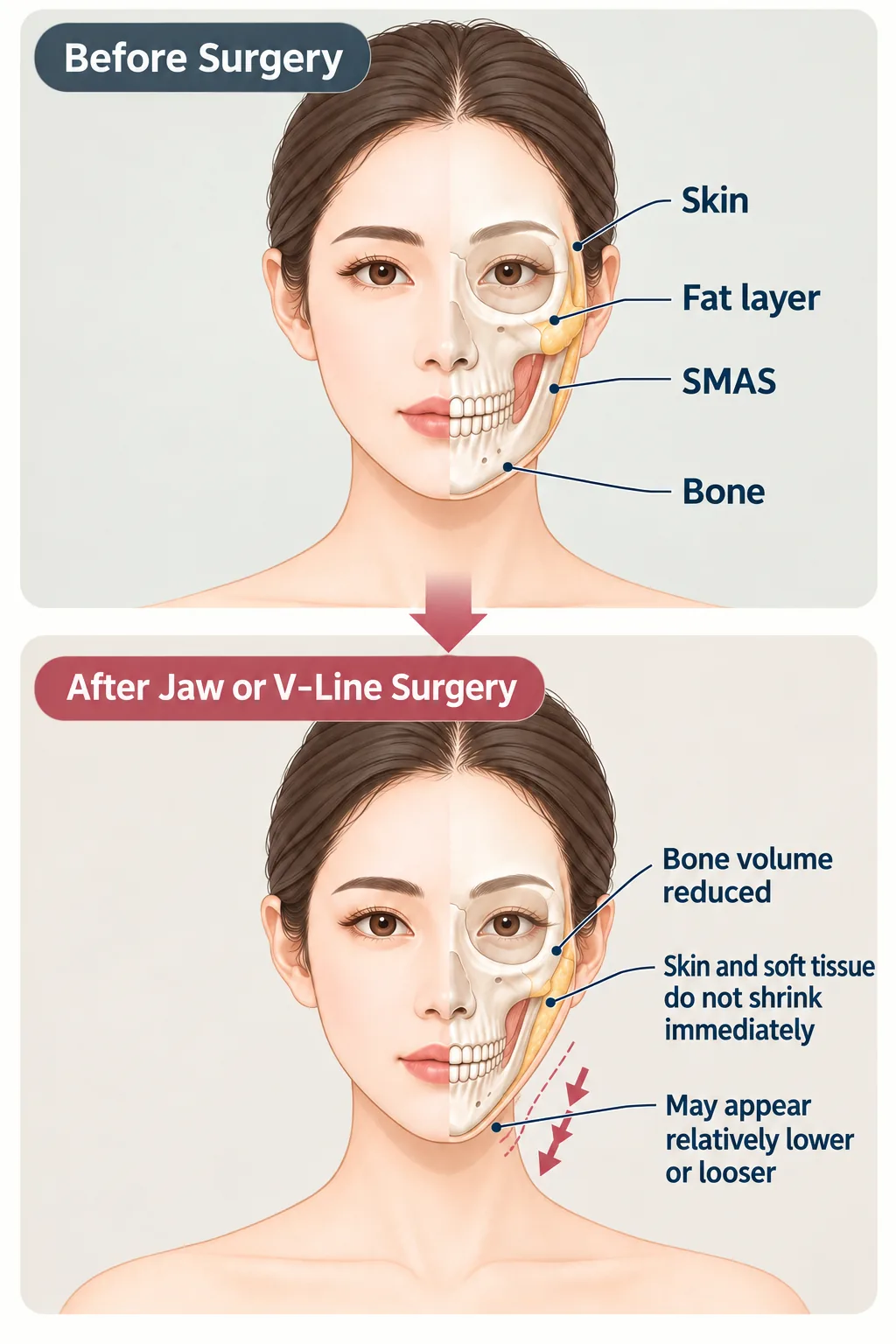Illustration of a face before and after jaw or V-line surgery. The bone is reduced, while the skin and soft tissue do not shrink immediately and may appear lower or looser.