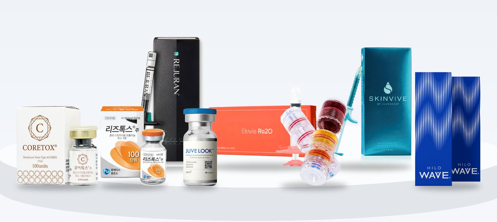 Injectable skin booster products used at Secret Plastic Surgery: Coretox and Rizetox botulinum toxin, Rejuran, Juvelook, Re2O, a Novastem kit for ReturnCell, SKINVIVE and HILO WAVE, arranged together on a white stand